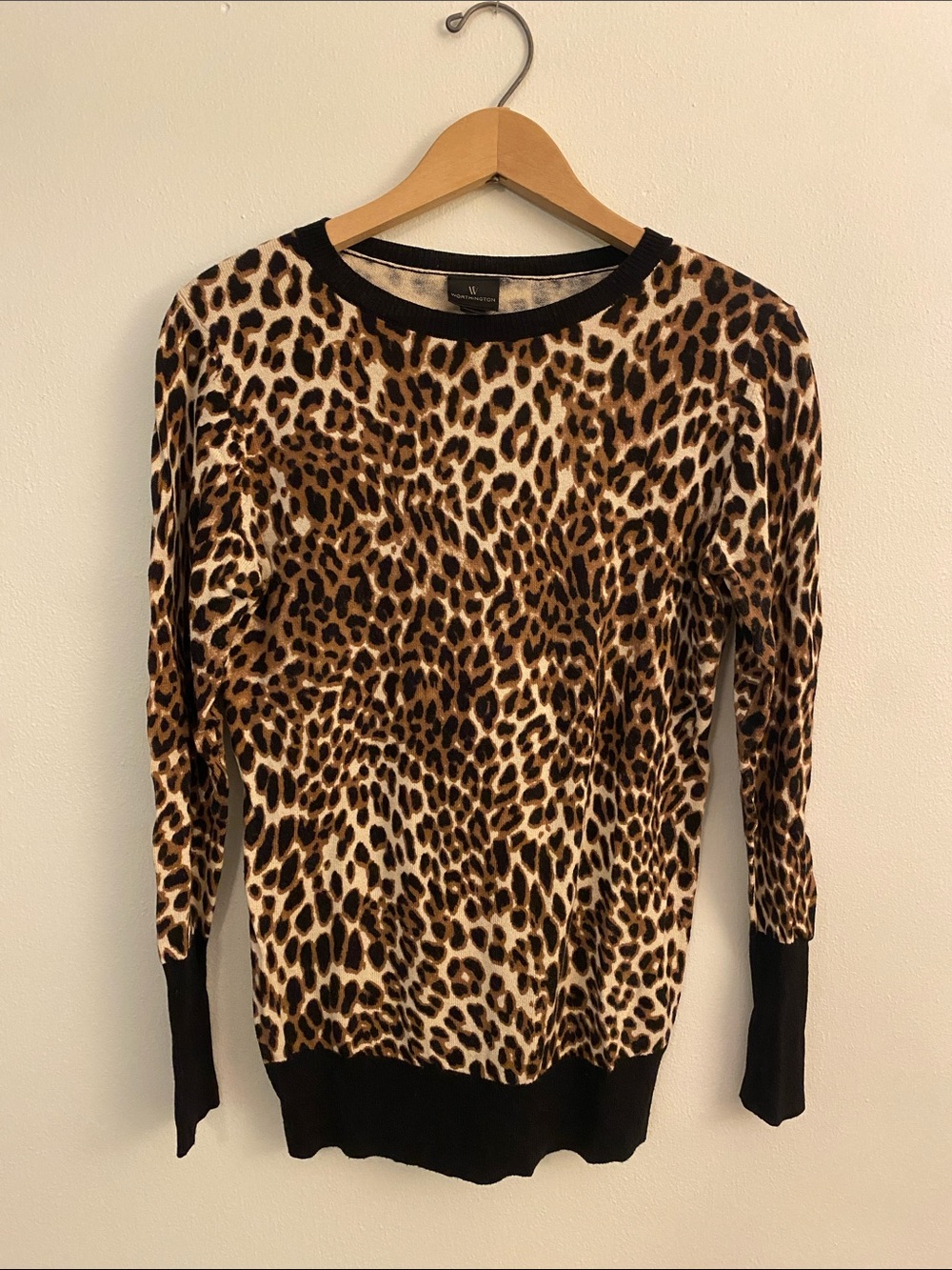 Worthington Leopard Print Long-Sleeve Top with Black Trim